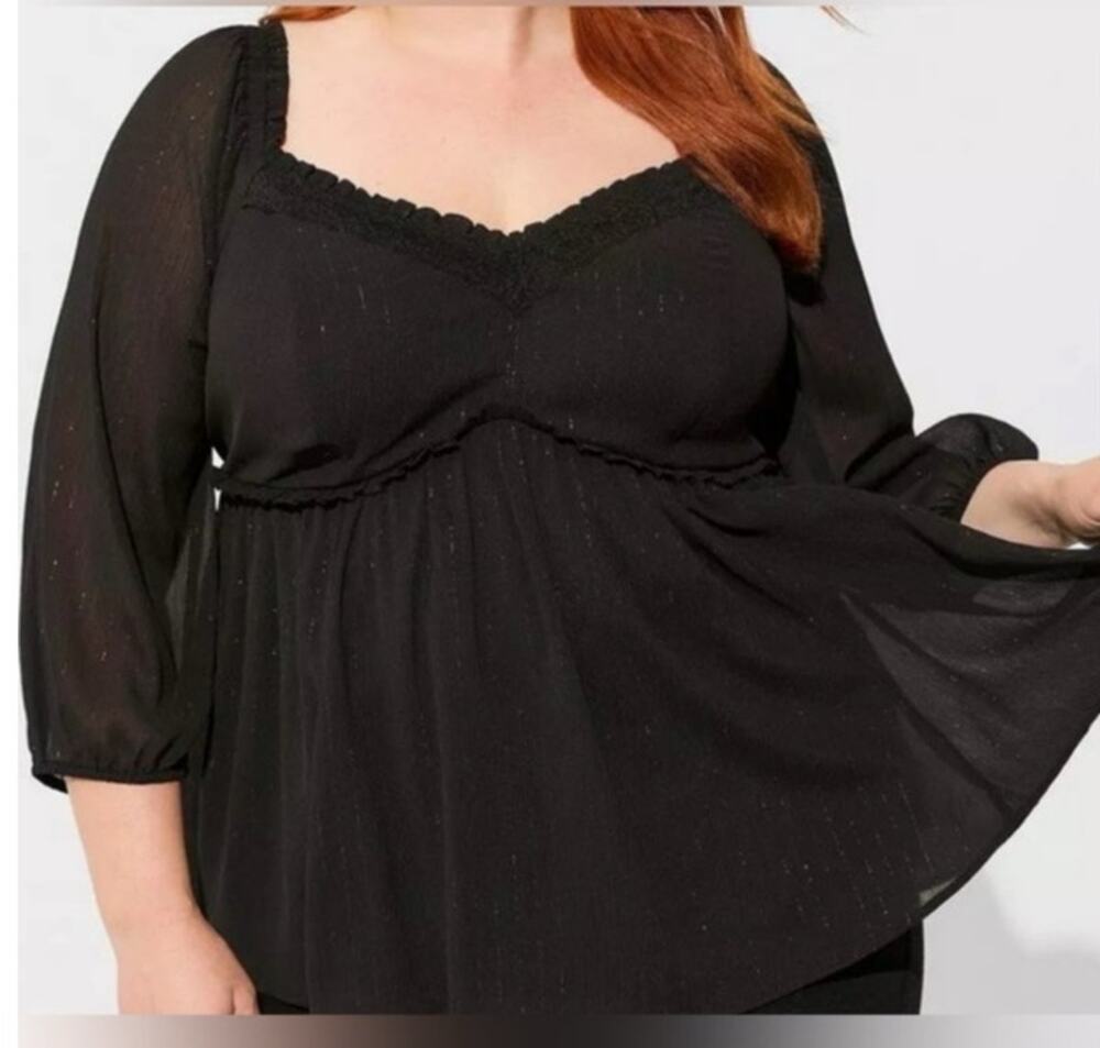 Torrid Black Sparkle Pinstripe Babydoll Chiffon Tunic Blouse Sz 0= US 12/L Top
